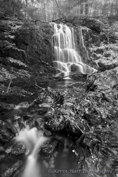 "An Ascutney Autumn in Grayscale" - A seasonal waterfall on Mt. Ascutney flows strong during a fall rainstorm.
