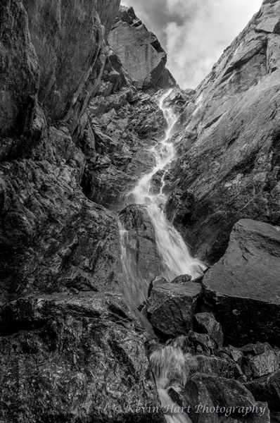 "The Pinnacle Gully" - Melting snow in June continues to carve out the steep Pinnacle Gully in Huntington Ravine on Mt. Washington. Black and white.